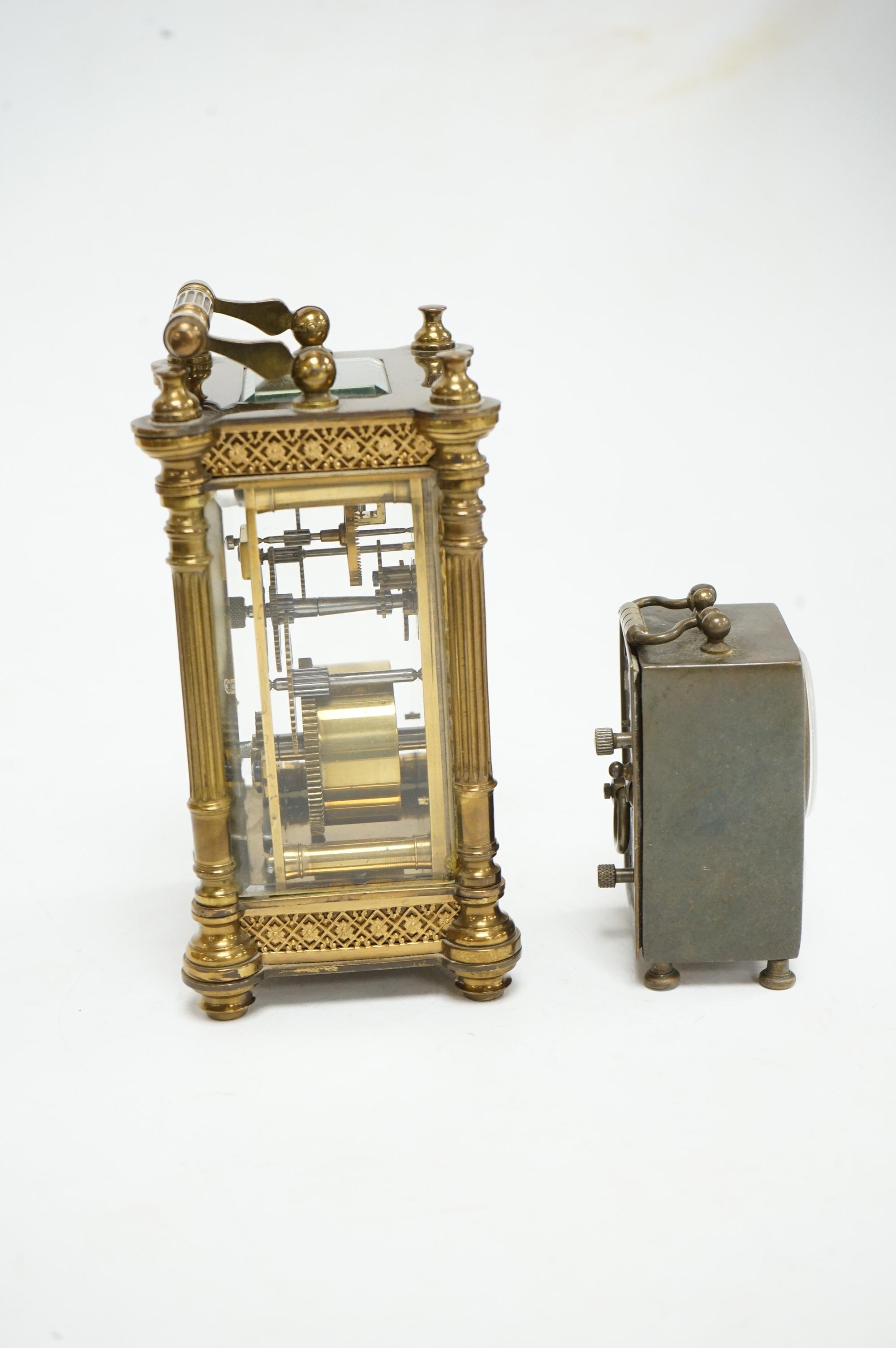 Two carriage timepieces to include a guilloche enamel example with subsidiary dial, largest 15cm high. Condition - fair, untested